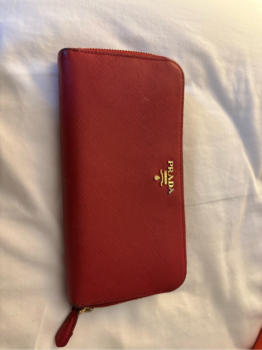 Prada Red Saffiano Zip Wallet with Gold Logo